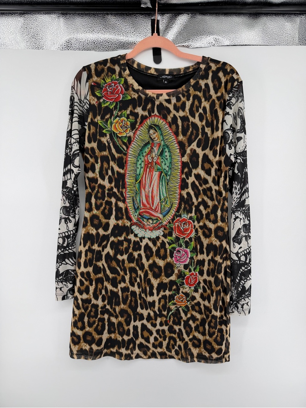 Ed Hardy Y2K Whimsigoth EdgeLeopard Print L/SDress with Virgin Mary Graphic SzXL
